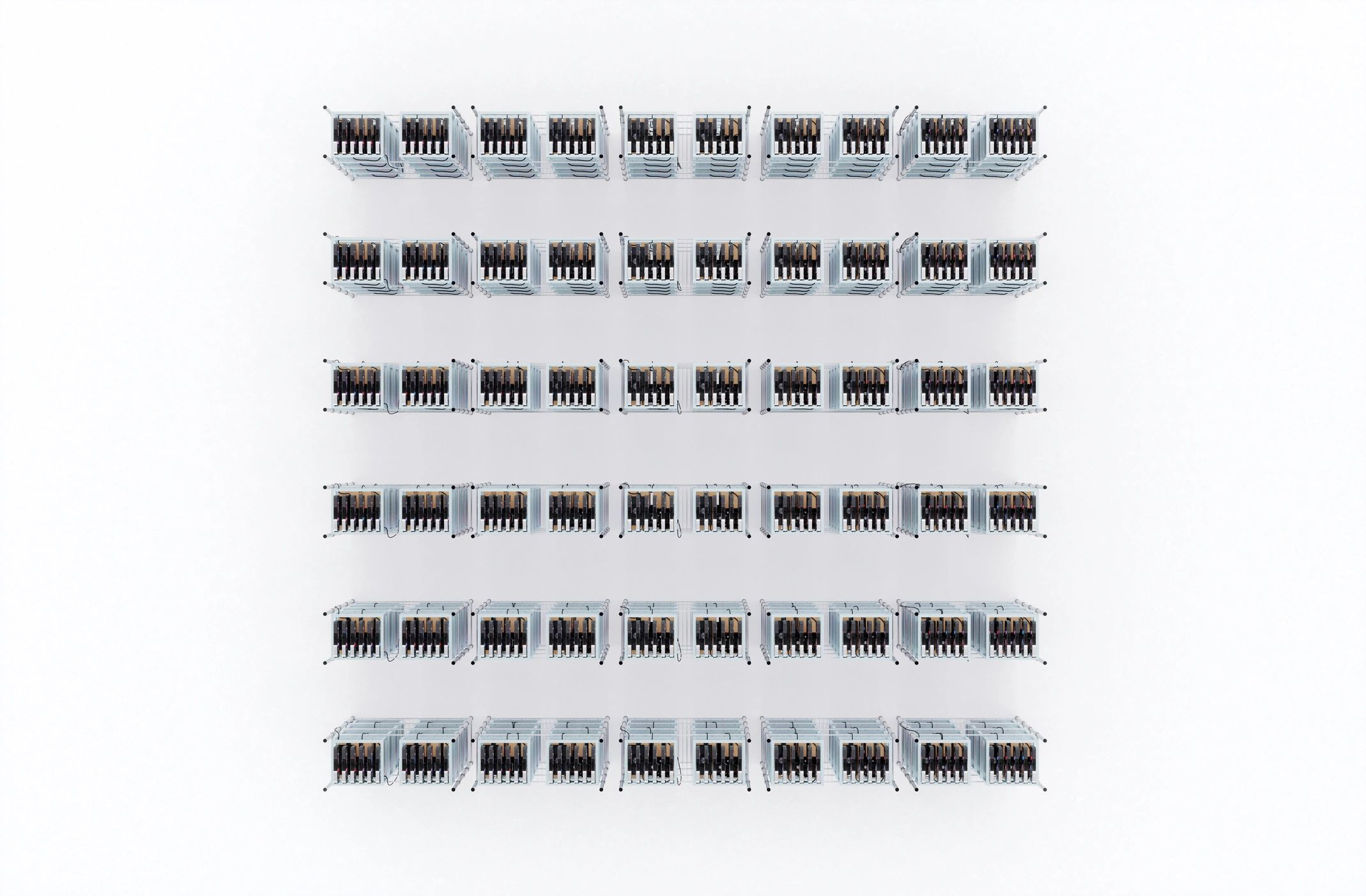 Rows of compute rigs representing scalable infrastructure supply